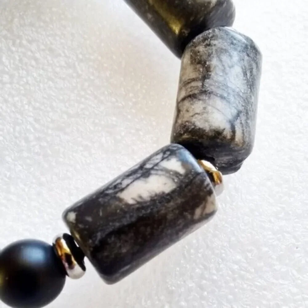 Chunky & Masculine! Black + Gray Jasper Stretch Bracelet - Grunge Goth Punk